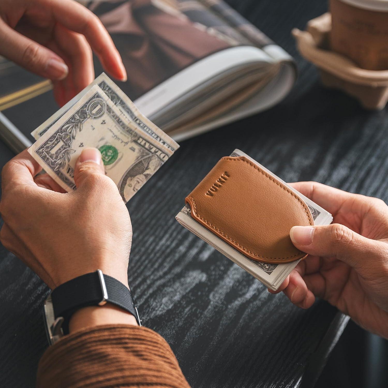 image:imageVULKIT Luxury Money Clip Top Grain Leather Magnetic Closure VULKIT Streamline Design Money Clip Wallet Holds 1020 BillsTop Grain Leather Brown