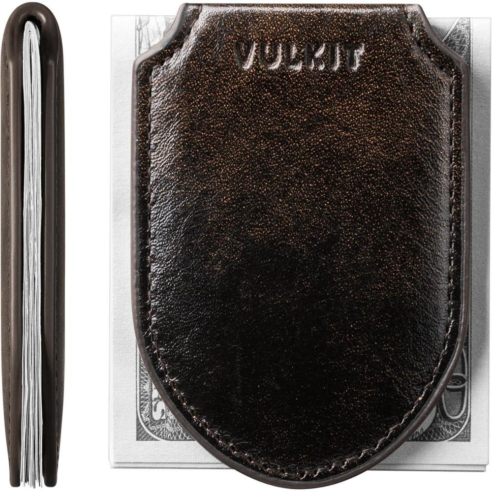 image:imageVULKIT Luxury Money Clip Top Grain Leather Magnetic Closure VULKIT Streamline Design Money Clip Wallet Holds 1020 BillsVintage Style Mixed Espresso  Golden