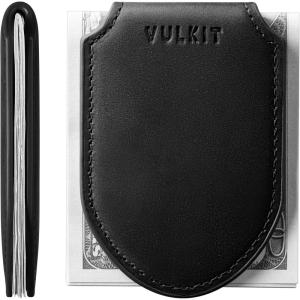 VULKIT Luxury Money Clip Top Grain Leather Magnetic Closure VULKIT Streamline Design Money Clip Wallet, Holds 10-20 Bills(Handicrafts Cowhide- Black)