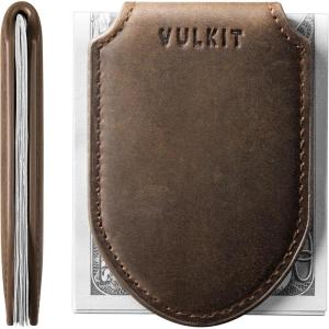 VULKIT Luxury Money Clip Top Grain Leather Magnetic Closure VULKIT Streamline Design Money Clip Wallet, Holds 10-20 Bills(Handicrafts Cowhide- Espresso)
