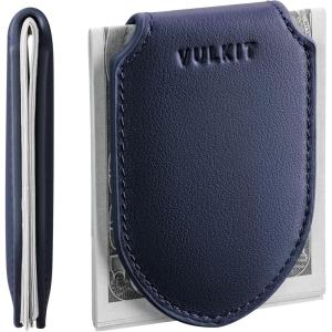 VULKIT Luxury Money Clip Top Grain Leather Magnetic Closure VULKIT Streamline Design Money Clip Wallet, Holds 10-20 Bills(Top Grain Leather- Navy)