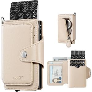 VULKIT Pop Up Card Holder Wallet for Women with Zipper Coin Pocket, RFID Blocking Credit Card Case, Holds 8+ Cards, Cash Compartment, ID Window(Beige)