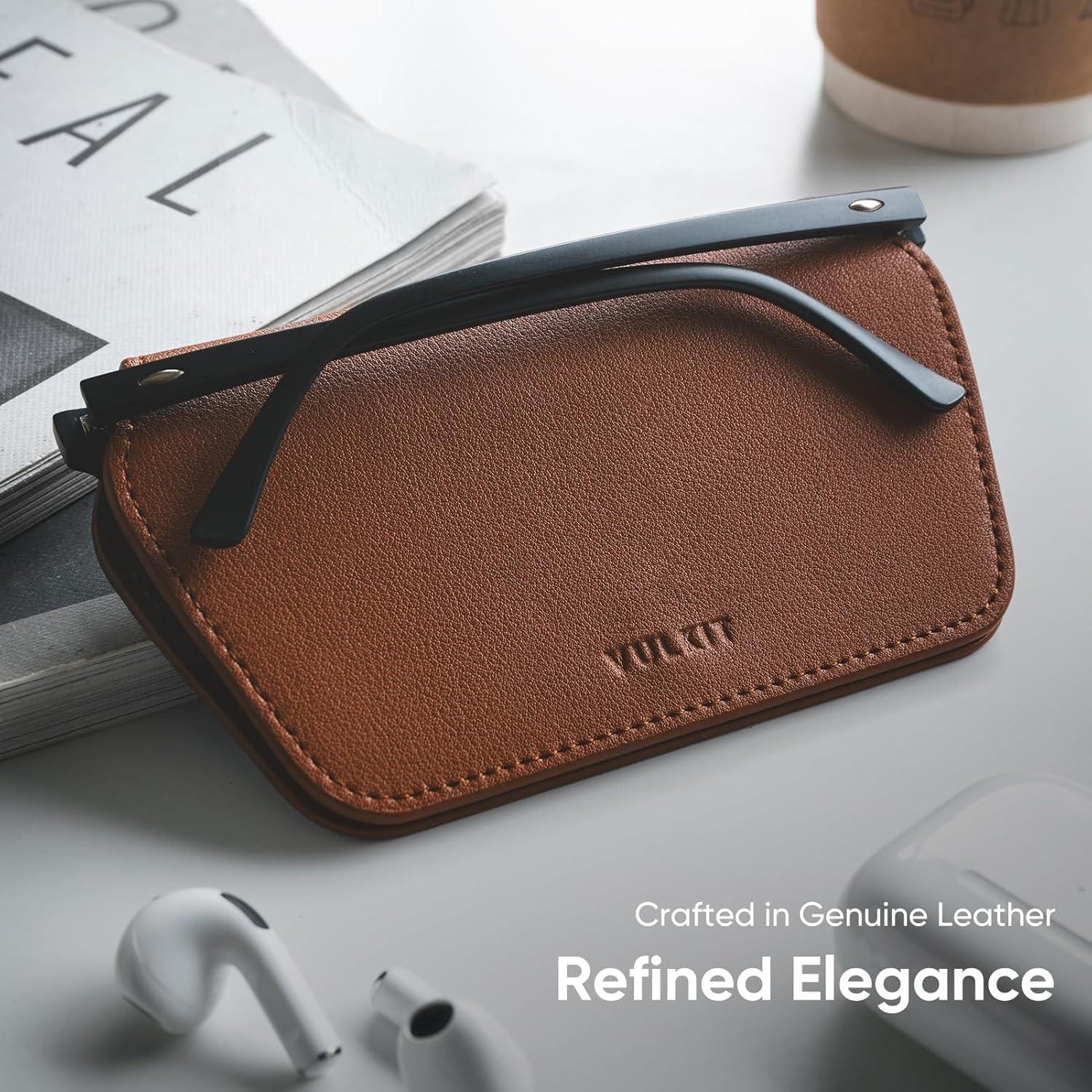 image:imageVULKIT Leather Glasses Case Ultra Slim Sunglasses Case Two Fixed Modes Fits Most Eyeglasses amp Sun GlassesMocha Tan