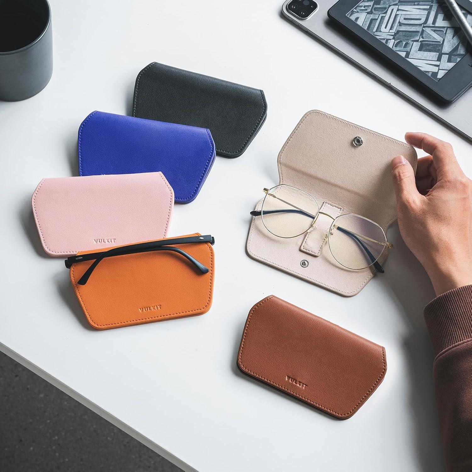image:imageVULKIT Leather Glasses Case Ultra Slim Sunglasses Case Two Fixed Modes Fits Most Eyeglasses amp Sun GlassesMocha Tan