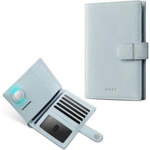 VULKIT Dual Leather Passport Wallet with Airtag Holder Slim Double Passport Holder RFID Blocking Passport Travel Wallet for Women or Men(Light Blue with Airtag slot)