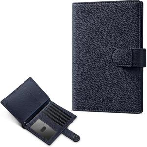 VULKIT Dual Leather Passport Wallet with Airtag Holder Slim Double Passport Holder RFID Blocking Passport Travel Wallet for Women or Men(Navy)
