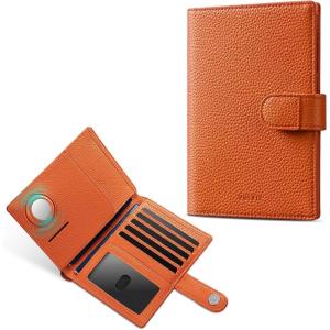 VULKIT Dual Leather Passport Wallet with Airtag Holder Slim Double Passport Holder RFID Blocking Passport Travel Wallet for Women or Men(Orange with Airtag slot)