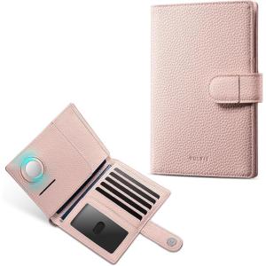 VULKIT Dual Leather Passport Wallet with Airtag Holder Slim Double Passport Holder RFID Blocking Passport Travel Wallet for Women or Men(Pink with Airtag slot)