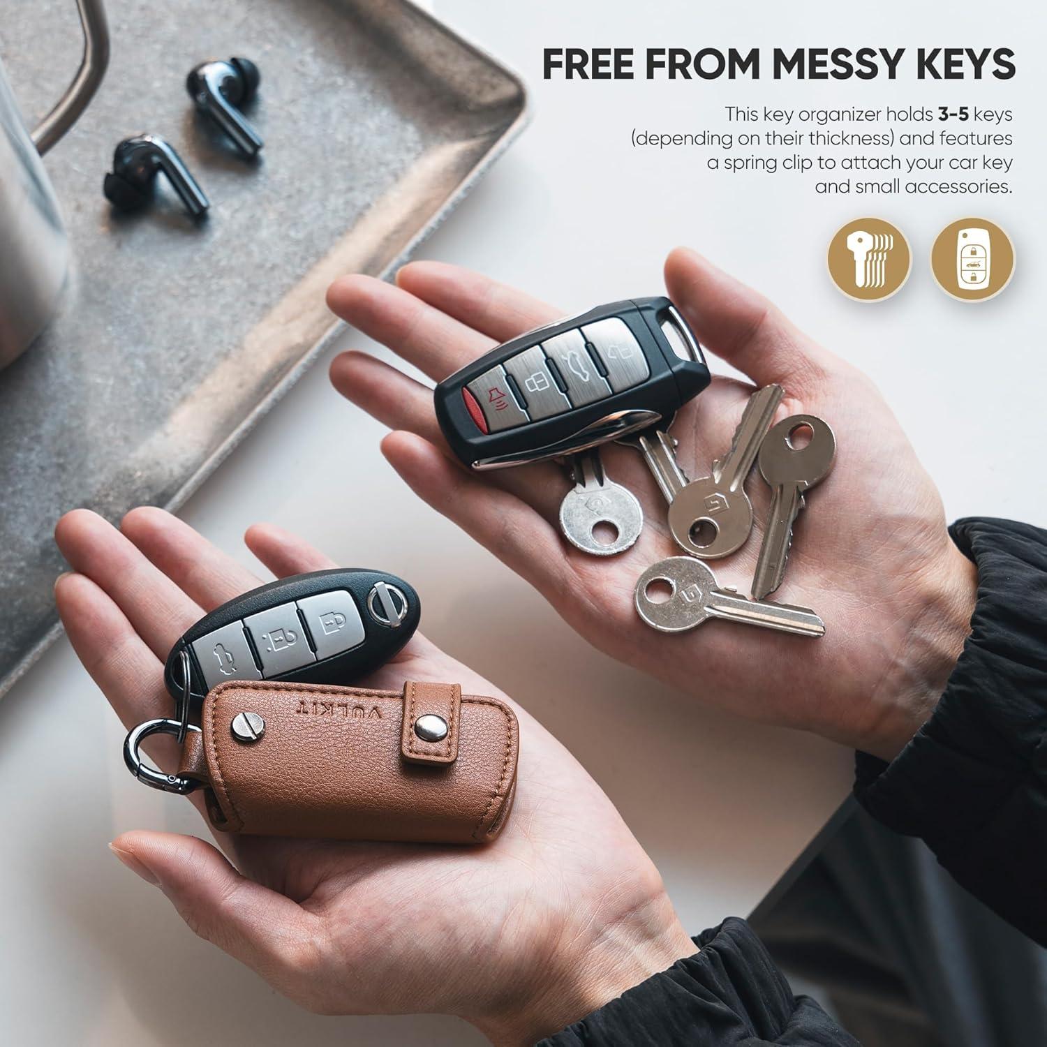 image:imageVULKIT Key Organizer Premium Leather Keychain Compact Design Everyday Carry AccessoriesBrown