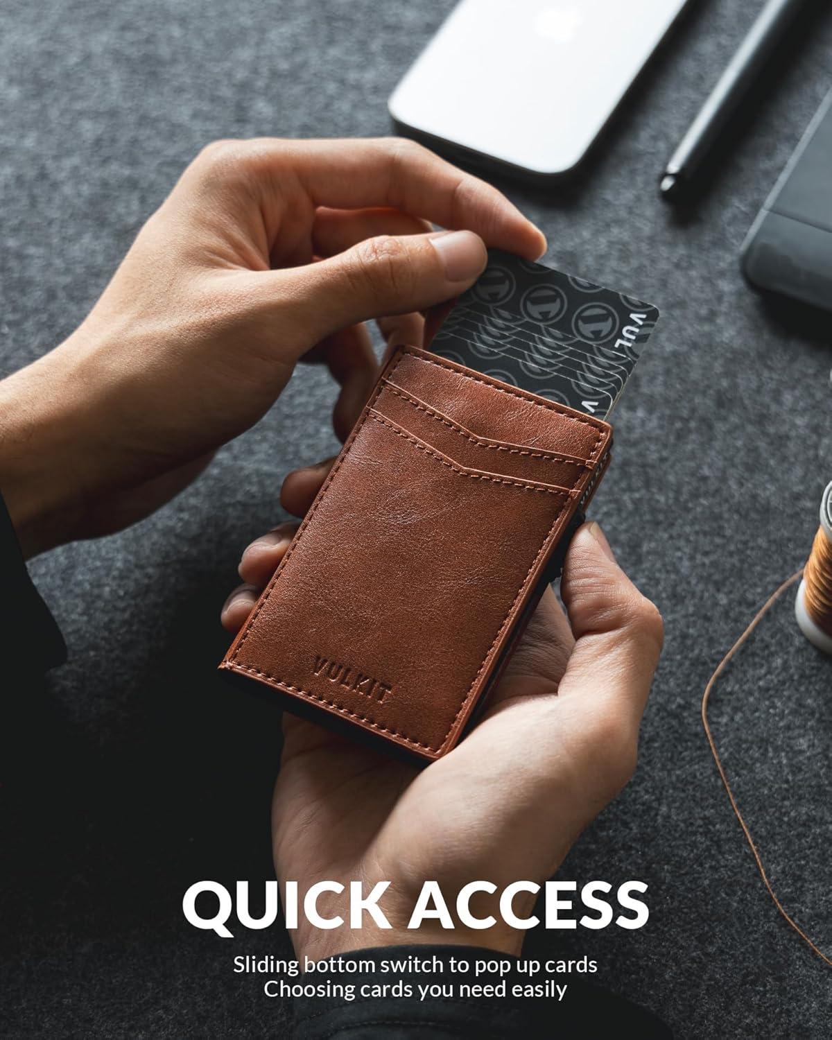 image:imageVULKIT Mens Slim Wallets Pop Up Card Holder RFID Blocking Metal Wallet Minimalist Design Holds Up to 11 CardsClassic Brown