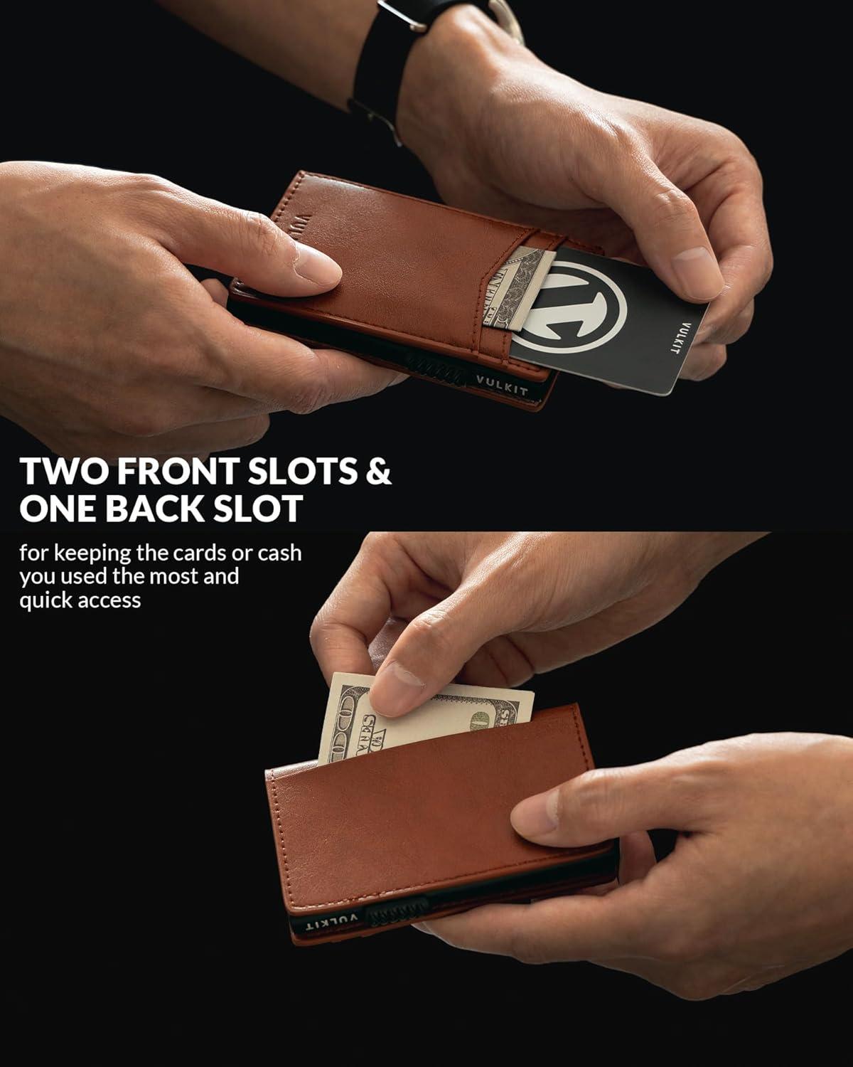 image:imageVULKIT Mens Slim Wallets Pop Up Card Holder RFID Blocking Metal Wallet Minimalist Design Holds Up to 11 CardsClassic Brown
