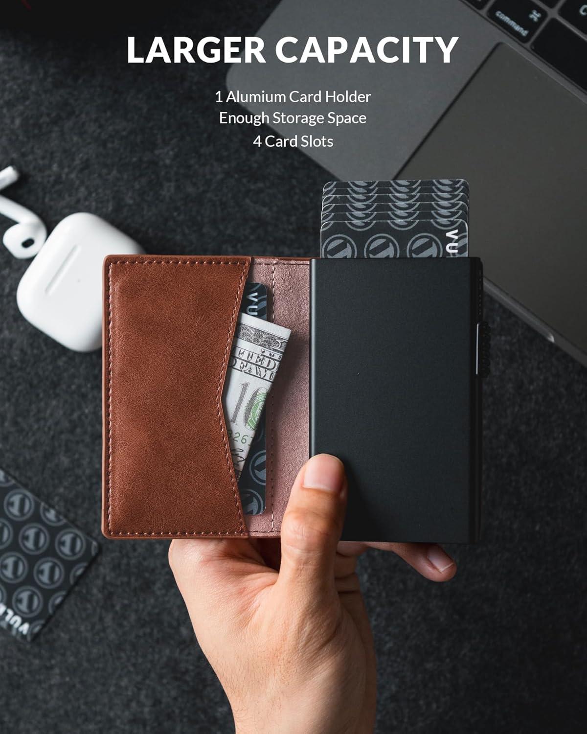 image:imageVULKIT Mens Slim Wallets Pop Up Card Holder RFID Blocking Metal Wallet Minimalist Design Holds Up to 11 CardsClassic Brown