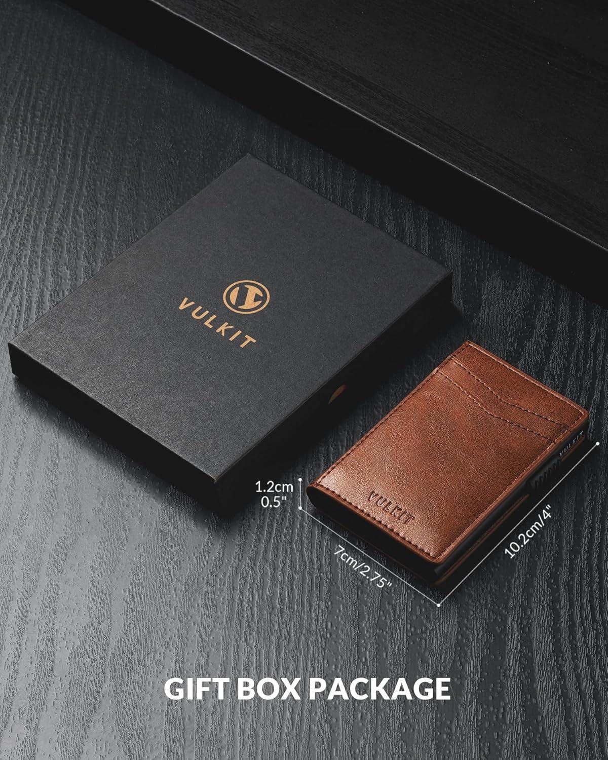 image:imageVULKIT Mens Slim Wallets Pop Up Card Holder RFID Blocking Metal Wallet Minimalist Design Holds Up to 11 CardsClassic Brown