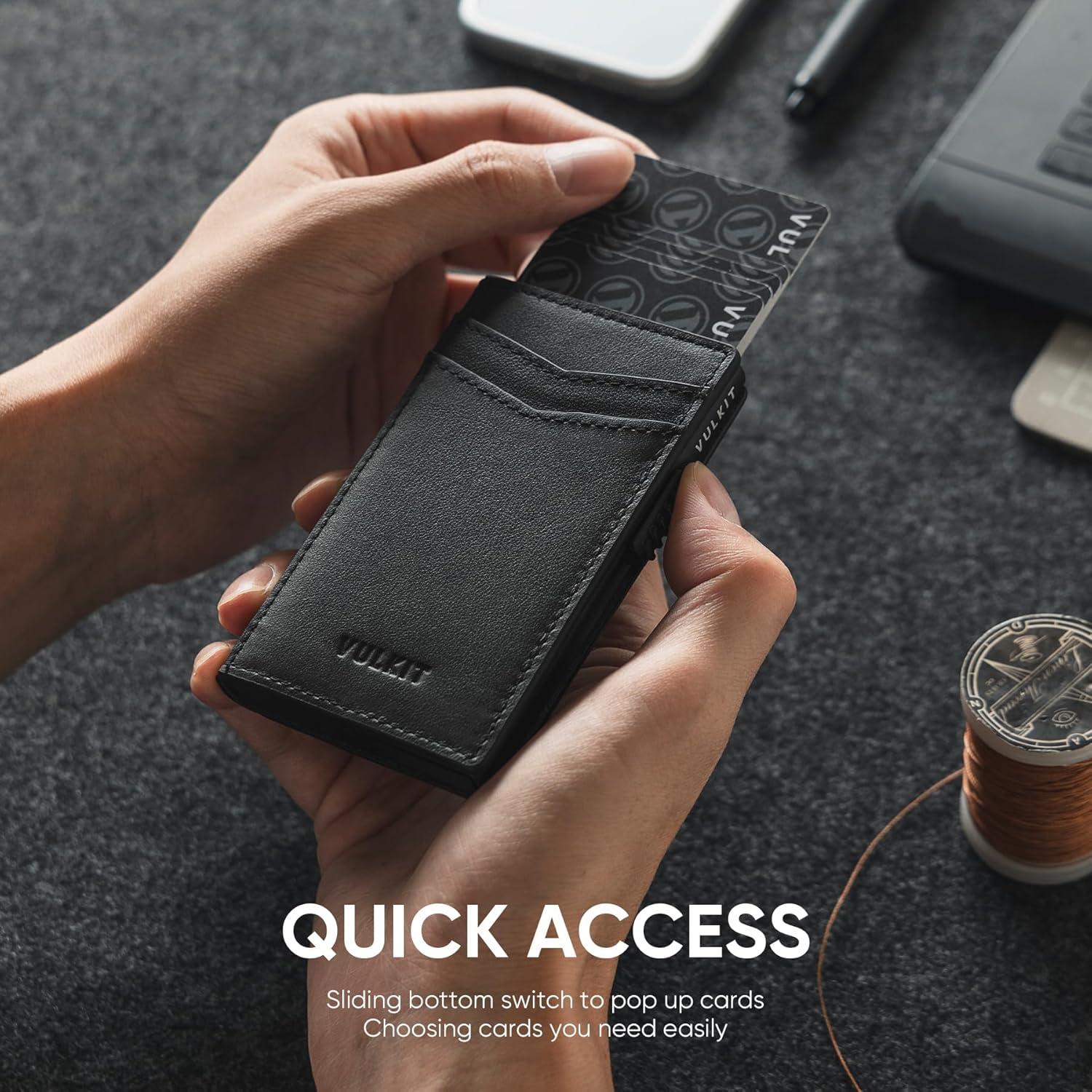 image:imageVULKIT Mens Slim Wallets Pop Up Card Holder RFID Blocking Metal Wallet Minimalist Design Holds Up to 11 CardsNappa Black