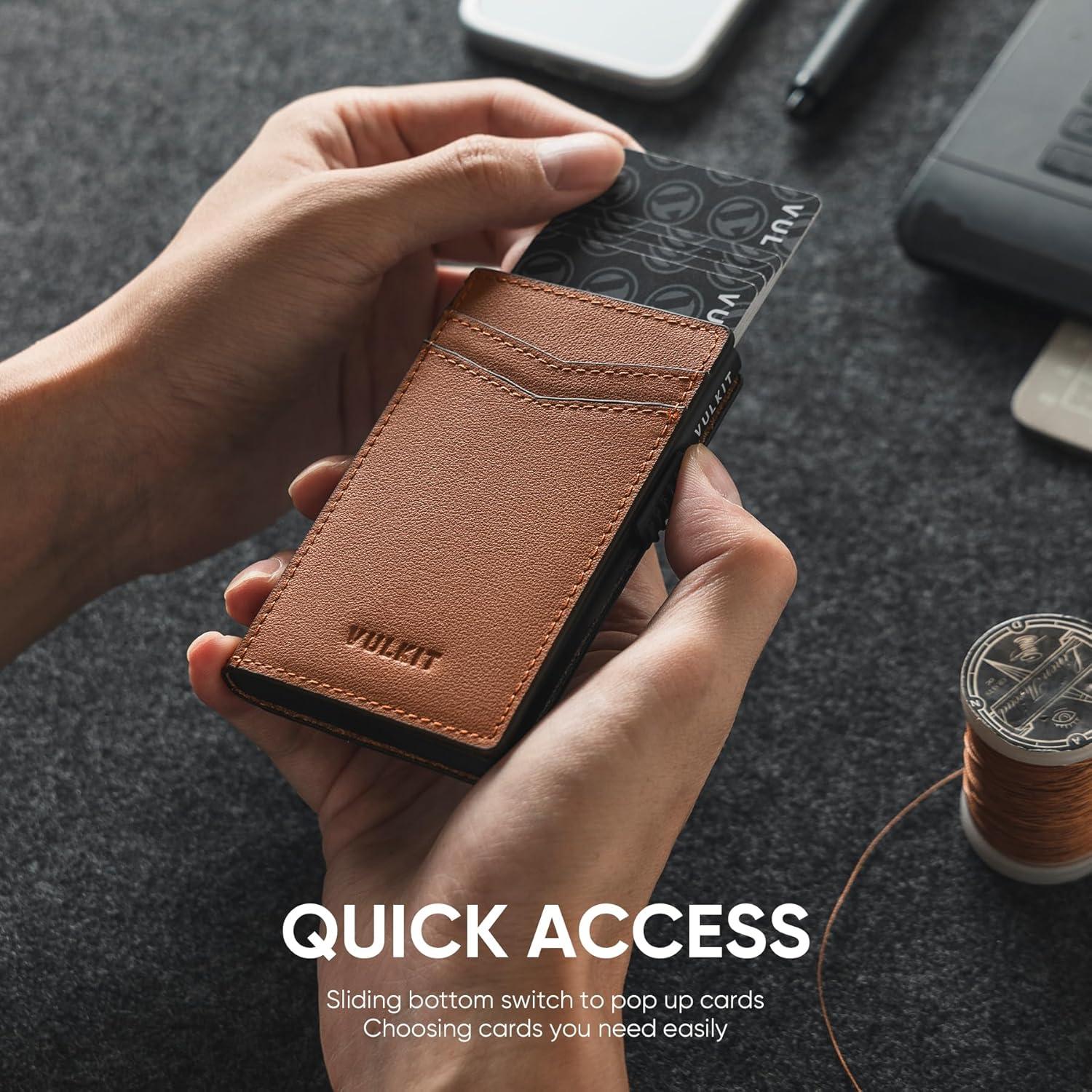 image:imageVULKIT Mens Slim Wallets Pop Up Card Holder RFID Blocking Metal Wallet Minimalist Design Holds Up to 11 CardsNappa Brown