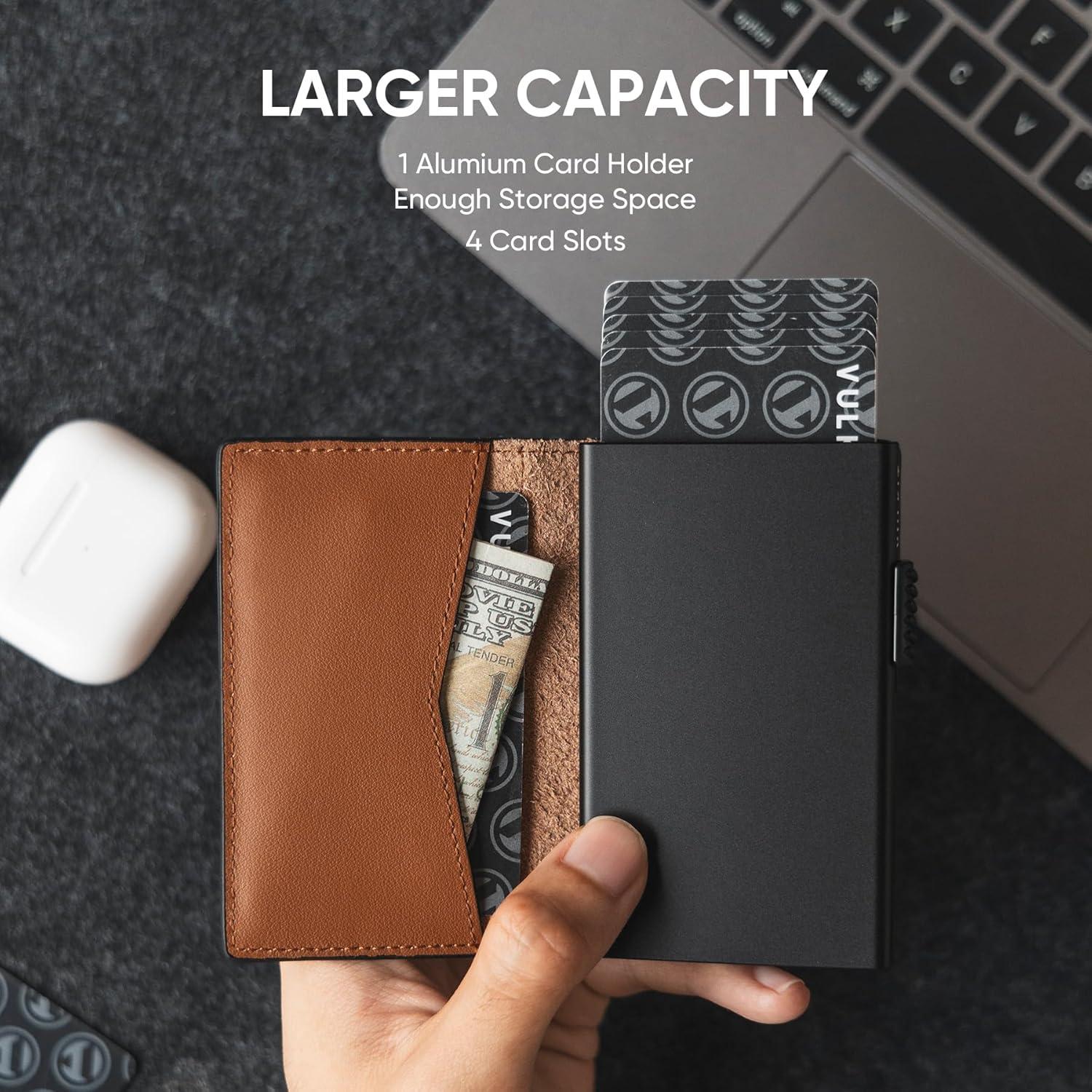 image:imageVULKIT Mens Slim Wallets Pop Up Card Holder RFID Blocking Metal Wallet Minimalist Design Holds Up to 11 CardsNappa Brown