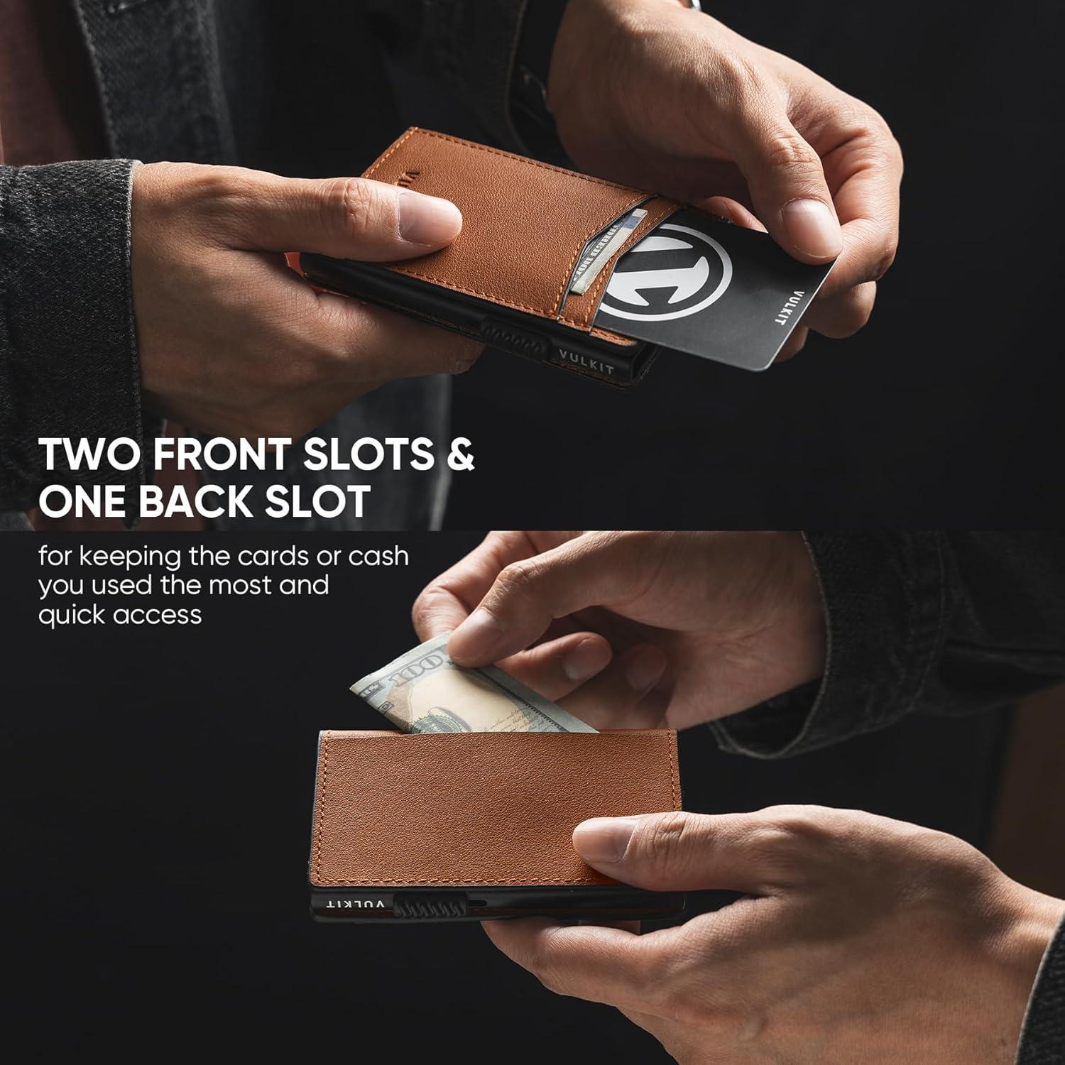 image:imageVULKIT Mens Slim Wallets Pop Up Card Holder RFID Blocking Metal Wallet Minimalist Design Holds Up to 11 CardsNappa Brown