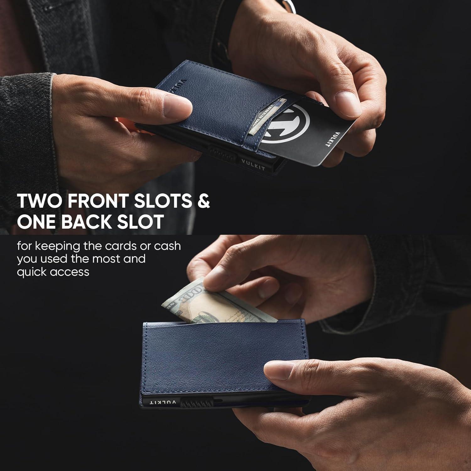 image:imageVULKIT Mens Slim Wallets Pop Up Card Holder RFID Blocking Metal Wallet Minimalist Design Holds Up to 11 CardsNappa Navy