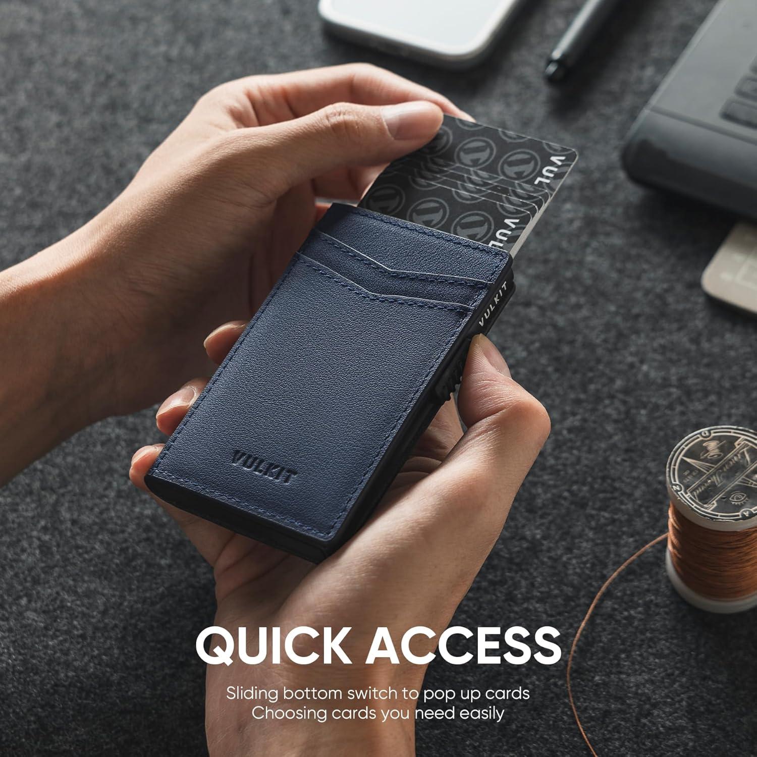 image:imageVULKIT Mens Slim Wallets Pop Up Card Holder RFID Blocking Metal Wallet Minimalist Design Holds Up to 11 CardsNappa Navy