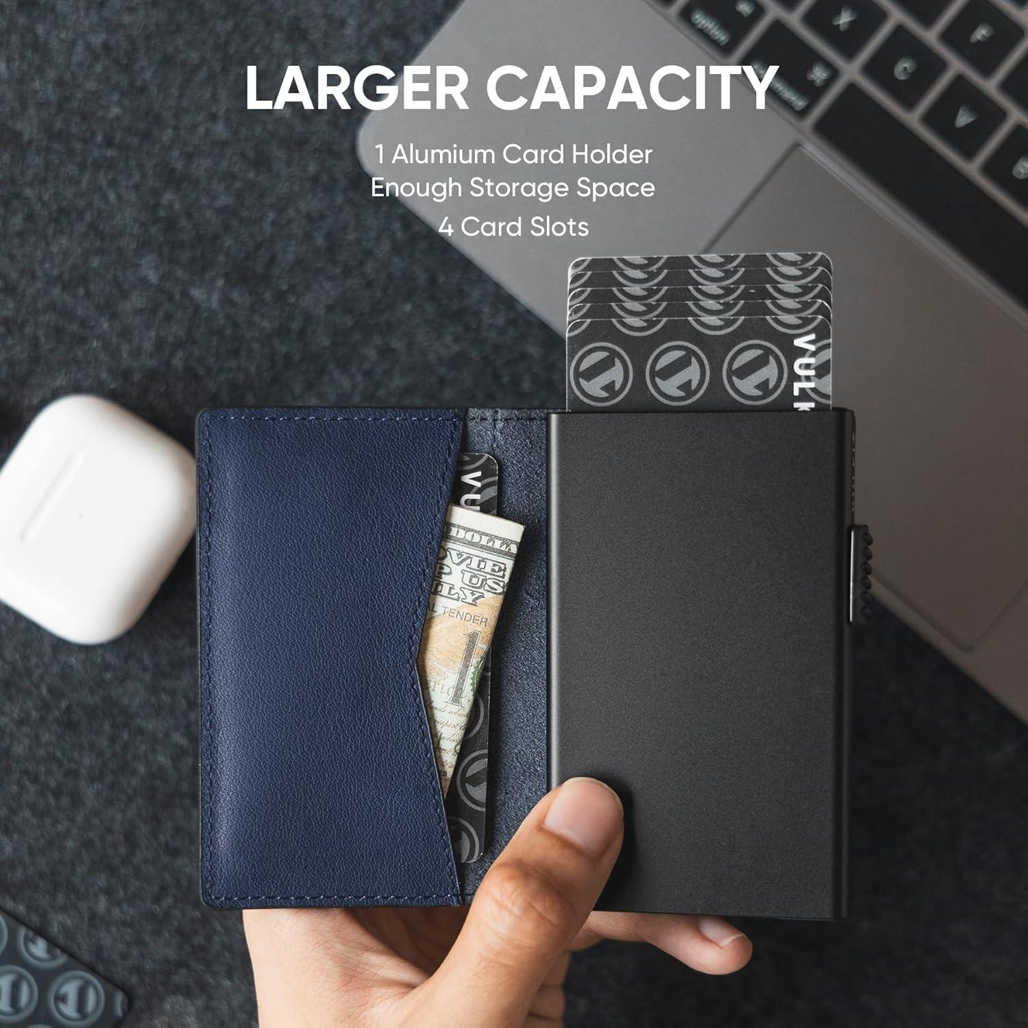 image:imageVULKIT Mens Slim Wallets Pop Up Card Holder RFID Blocking Metal Wallet Minimalist Design Holds Up to 11 CardsNappa Navy