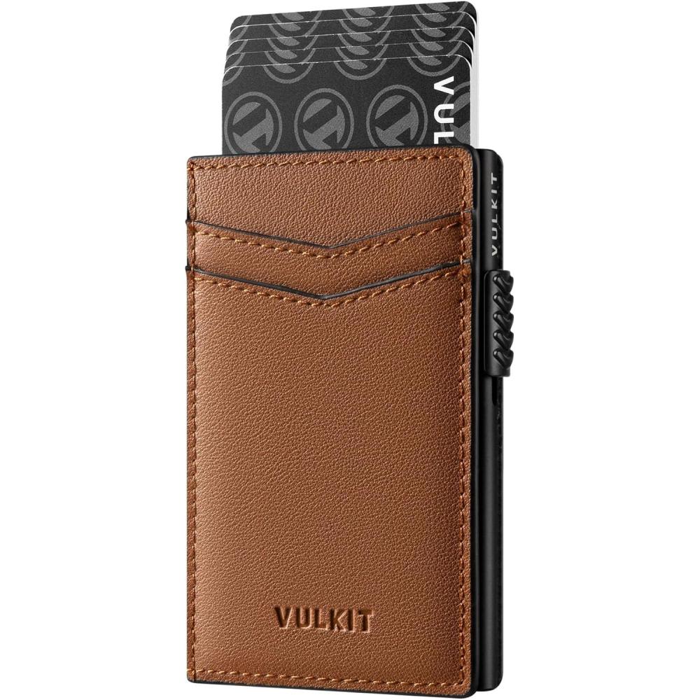 image:imageVULKIT Mens Slim Wallets Pop Up Card Holder RFID Blocking Metal Wallet Minimalist Design Holds Up to 11 CardsNappa Brown