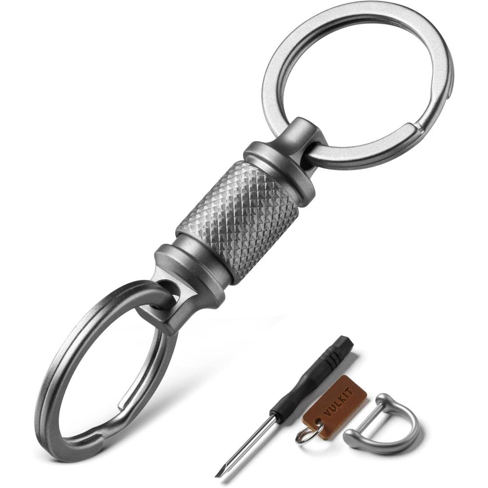 image:imageVULKIT Quick Release Titanium Keychain Dual Titanium Rings Horseshoe Car Key Holder amp Logo Leather Tag Heavy Duty EDC Detachable Key Ring