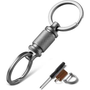 VULKIT Quick Release Titanium Keychain – Dual Titanium Rings, Horseshoe Car Key Holder & Logo Leather Tag | Heavy Duty EDC Detachable Key Ring