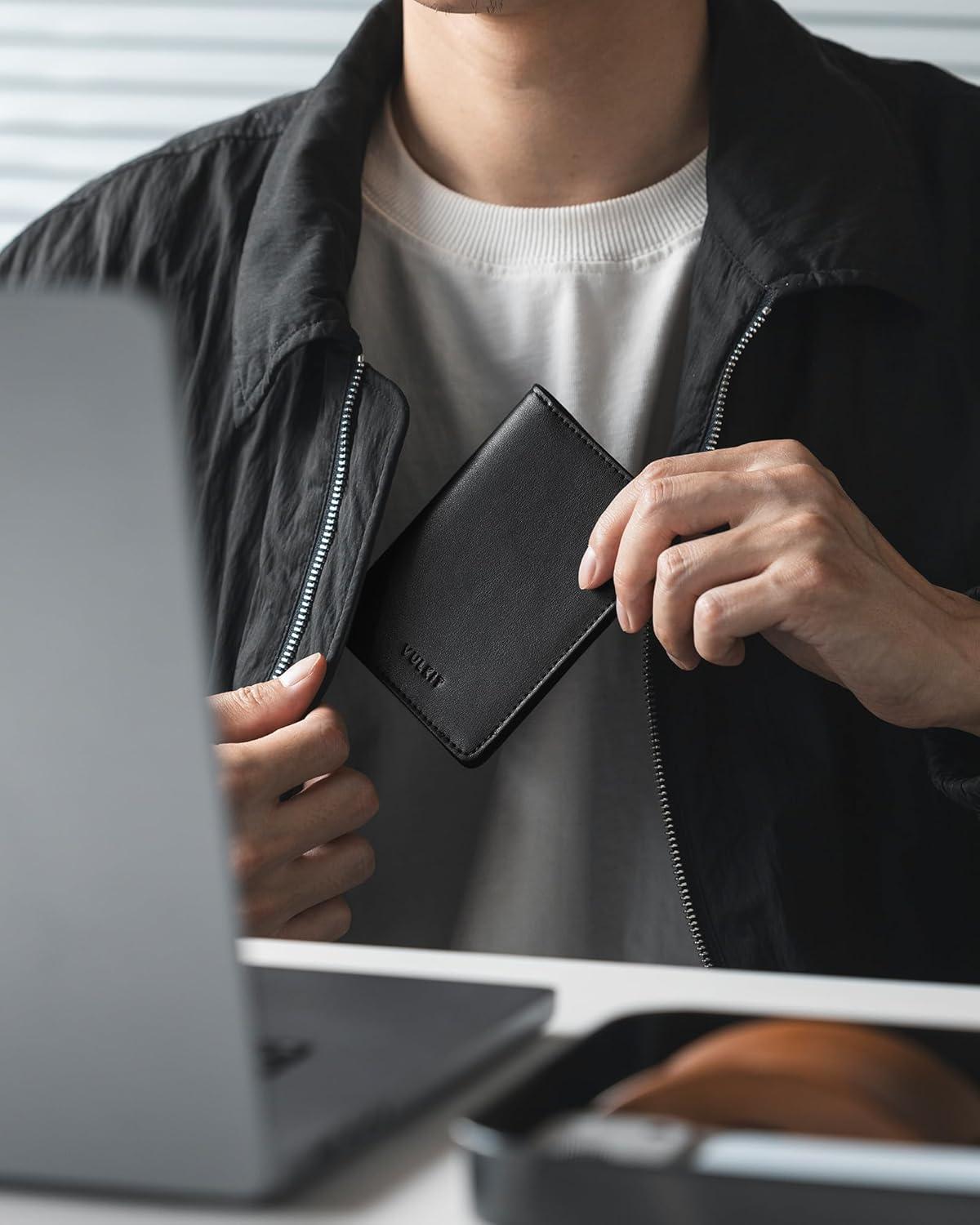 image:imageVULKIT RFID Blocking Bifold Card Holder Wallet for Men Minimalist Credit Card Wallet with Zipper Coin Pocket BrownBlack