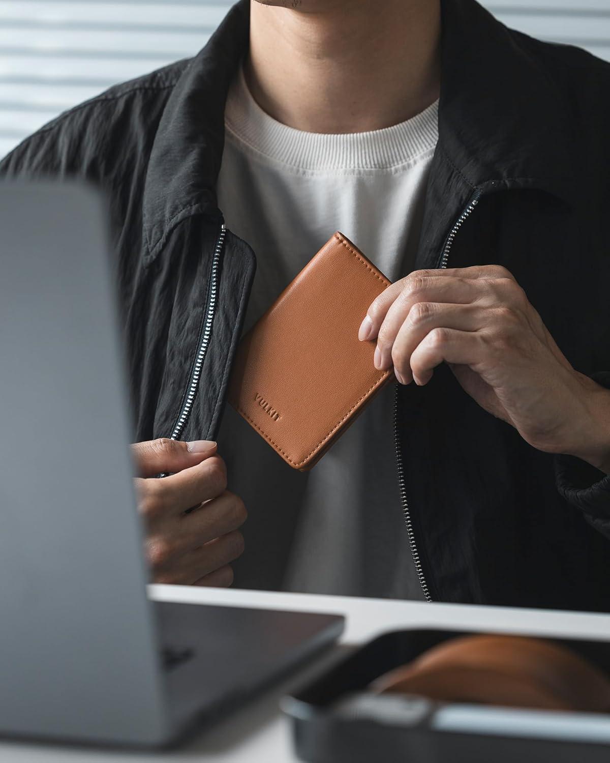 image:imageVULKIT RFID Blocking Bifold Card Holder Wallet for Men Minimalist Credit Card Wallet with Zipper Coin Pocket BrownBrown