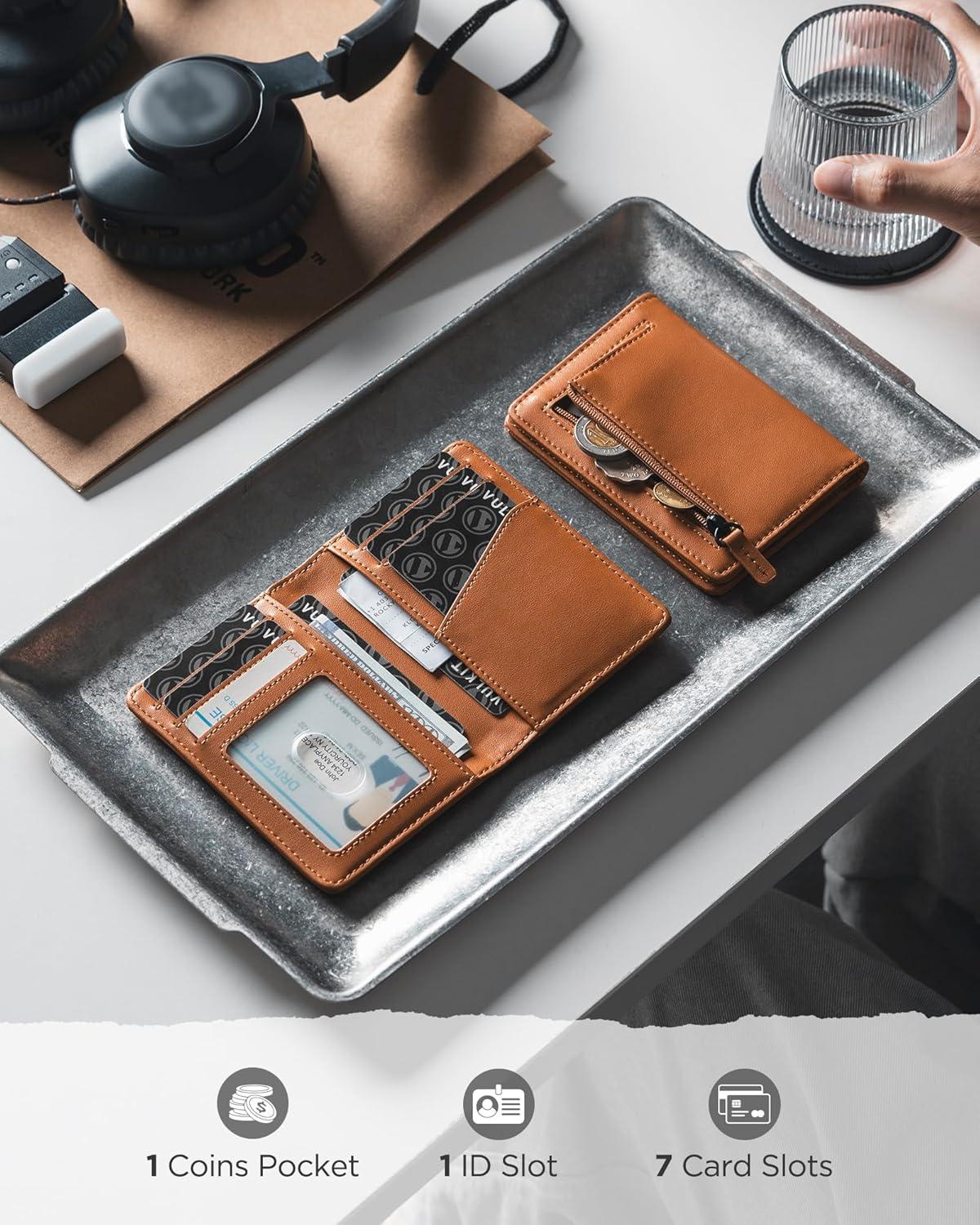 image:imageVULKIT RFID Blocking Bifold Card Holder Wallet for Men Minimalist Credit Card Wallet with Zipper Coin Pocket BrownBrown