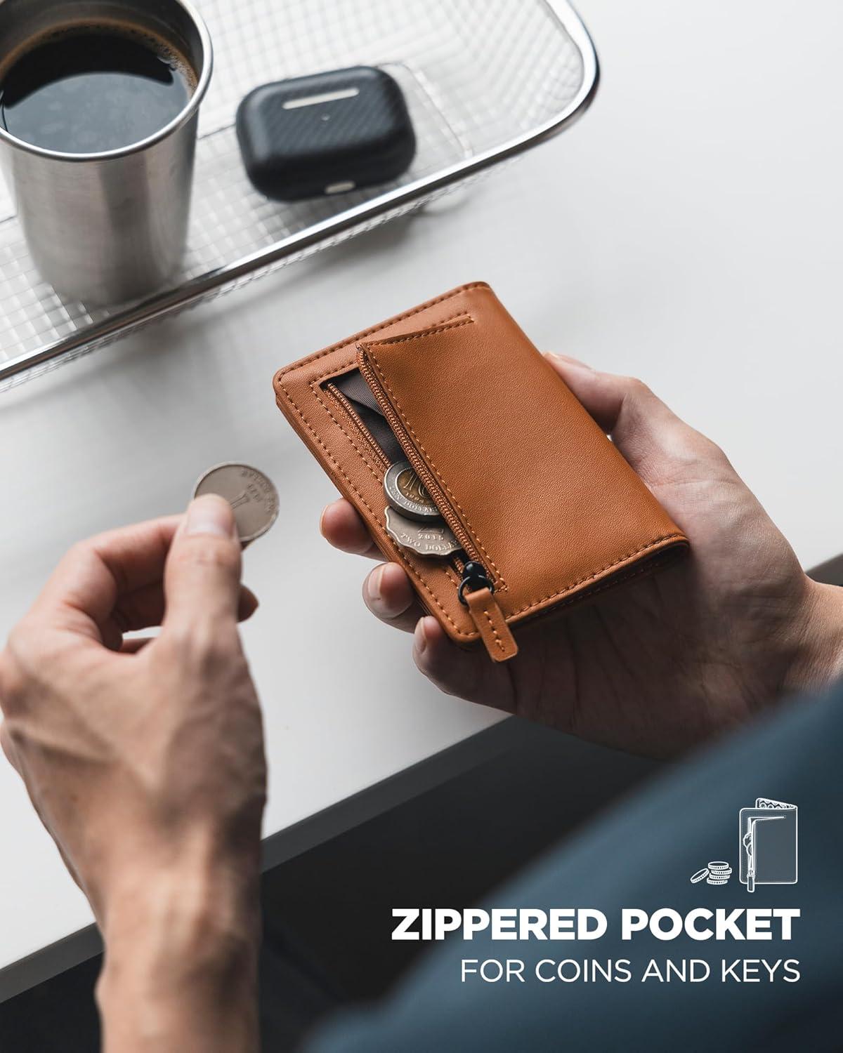 image:imageVULKIT RFID Blocking Bifold Card Holder Wallet for Men Minimalist Credit Card Wallet with Zipper Coin Pocket BrownBrown