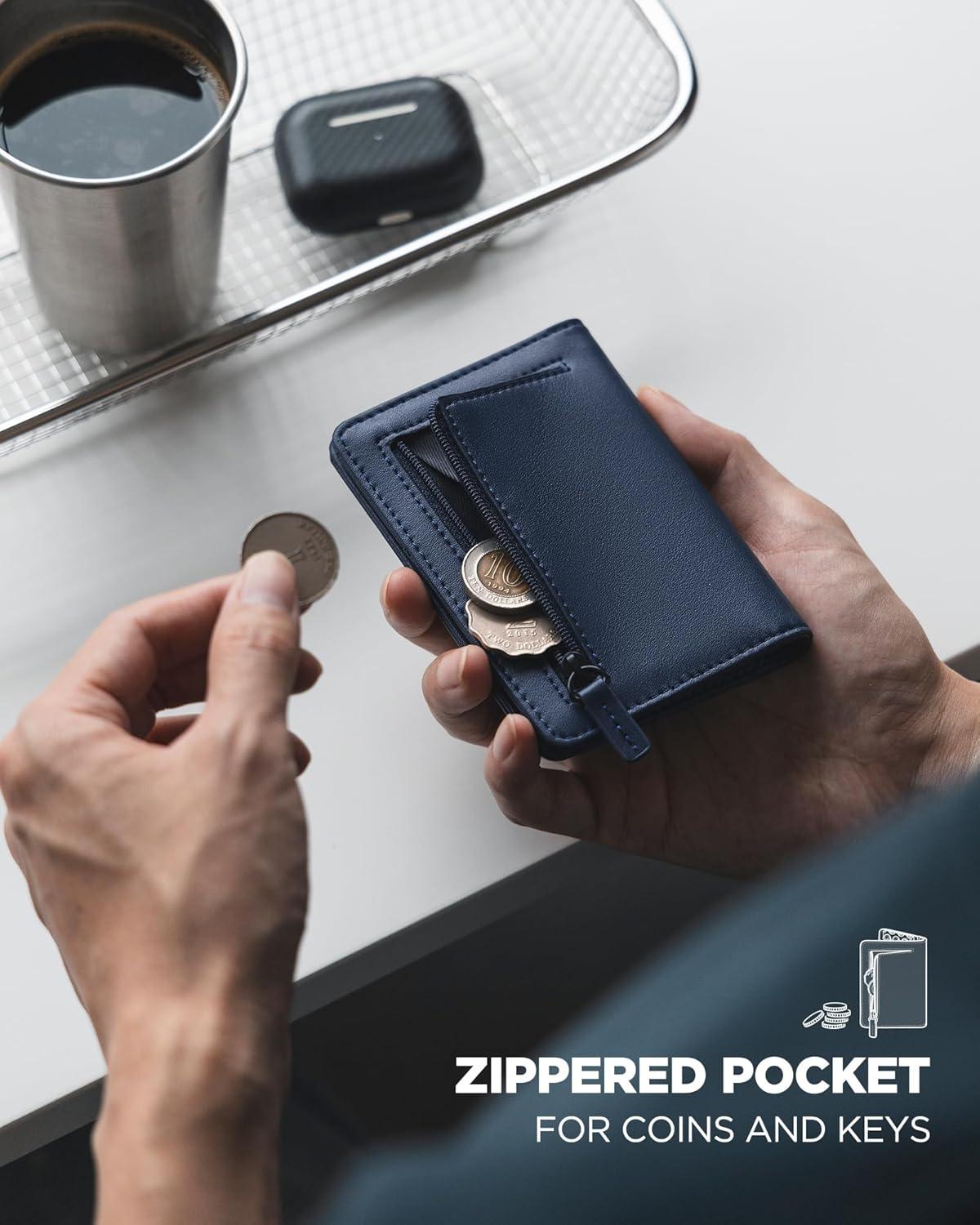 image:imageVULKIT RFID Blocking Bifold Card Holder Wallet for Men Minimalist Credit Card Wallet with Zipper Coin Pocket BrownNavy