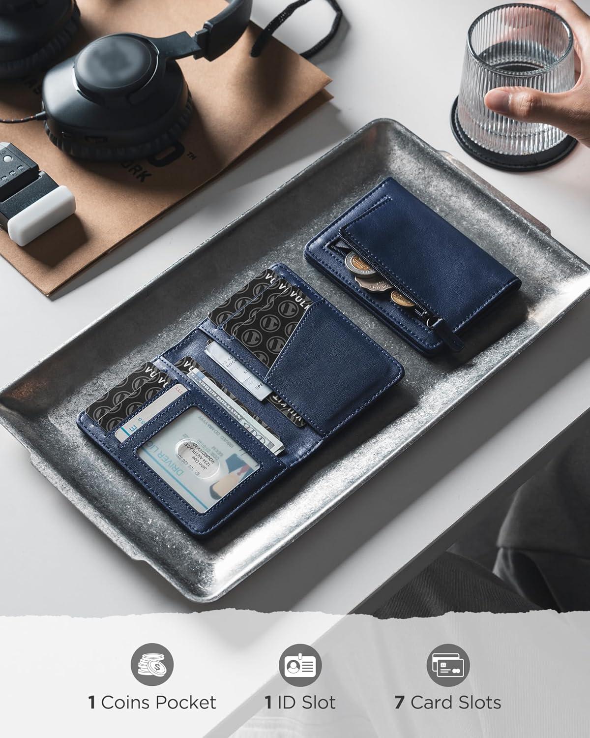 image:imageVULKIT RFID Blocking Bifold Card Holder Wallet for Men Minimalist Credit Card Wallet with Zipper Coin Pocket BrownNavy