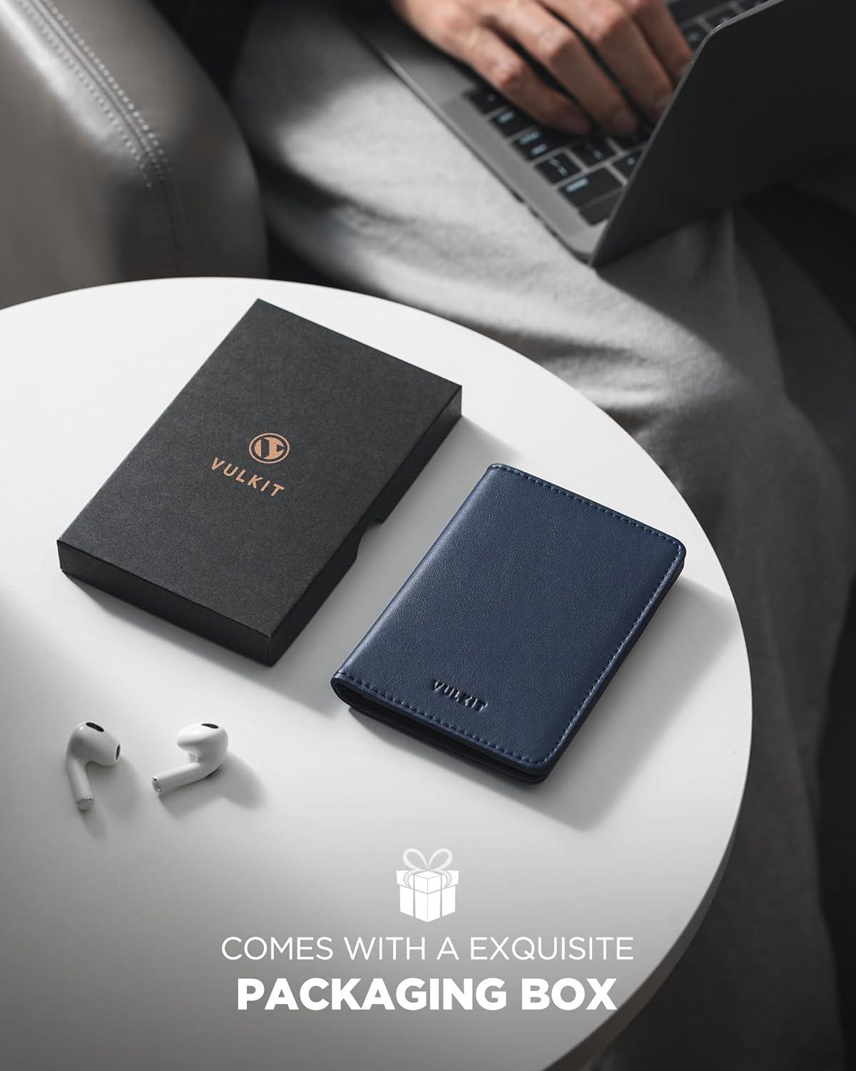 image:imageVULKIT RFID Blocking Bifold Card Holder Wallet for Men Minimalist Credit Card Wallet with Zipper Coin Pocket BrownNavy