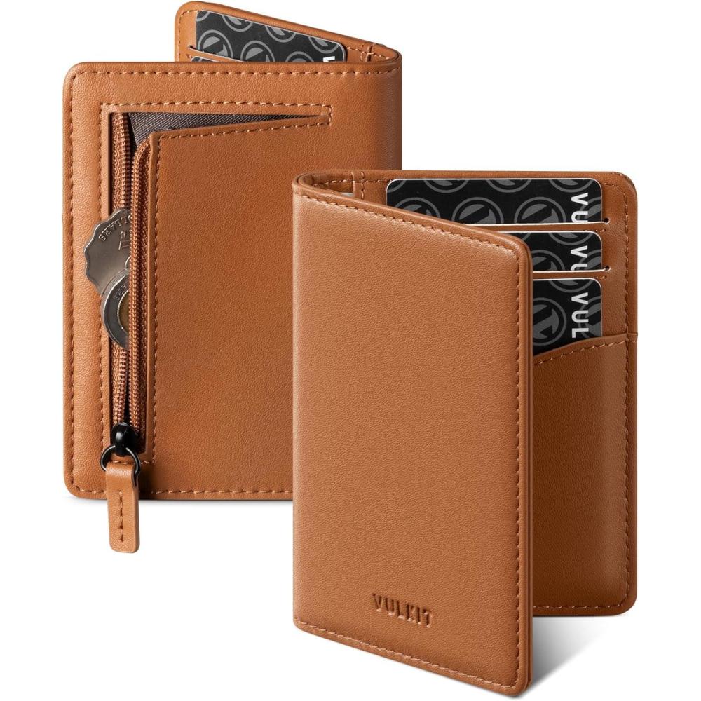 image:imageVULKIT RFID Blocking Bifold Card Holder Wallet for Men Minimalist Credit Card Wallet with Zipper Coin Pocket BrownBrown