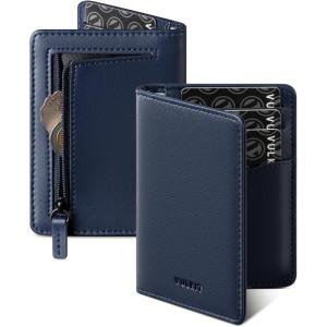VULKIT RFID Blocking Bifold Card Holder Wallet for Men, Minimalist Credit Card Wallet with Zipper Coin Pocket, Brown(Navy)