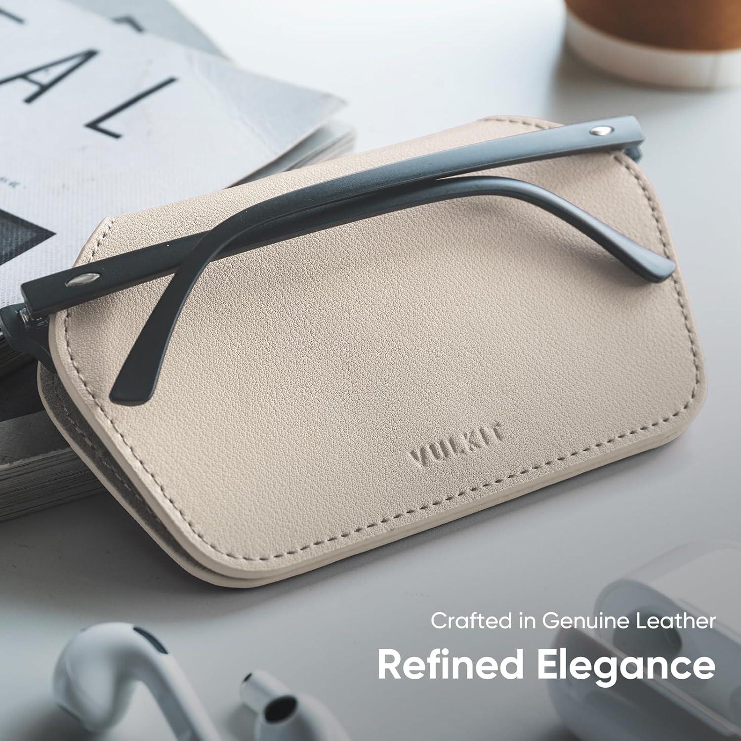 image:imageVULKIT Leather Glasses Case Ultra Slim Sunglasses Case 2 Fixed Modes Fits Most Eyeglasses amp Sun Glasses Minimalist DesignMoonlight Taupe