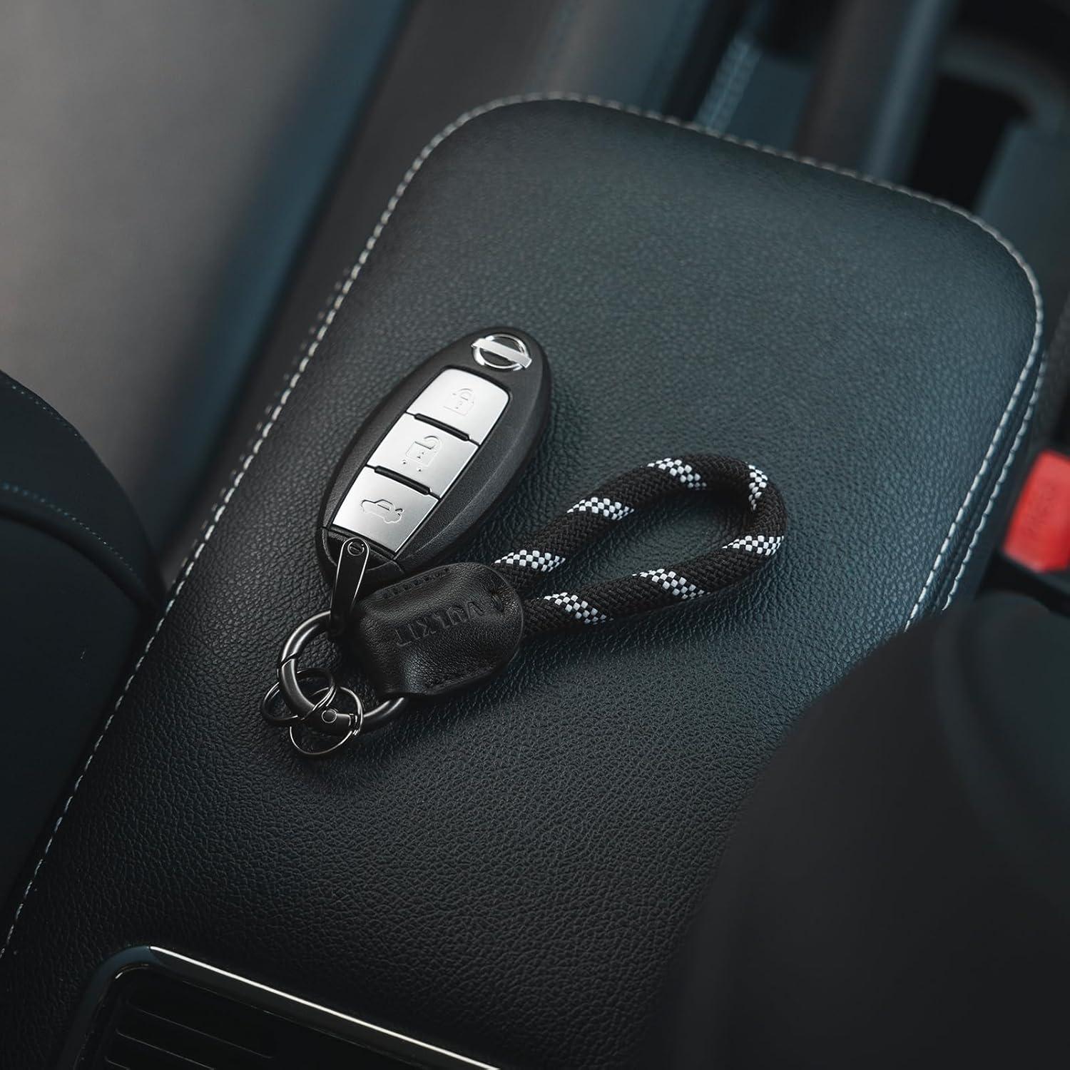 image:imageVULKIT Genuine Leather Keychain Car Key Chain Lanyard Keyring Personalised Braided for Men amp WomenBlack