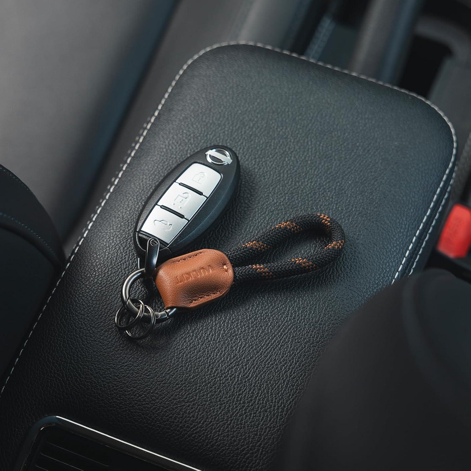 image:imageVULKIT Genuine Leather Keychain Car Key Chain Lanyard Keyring Personalised Braided for Men amp WomenBrown