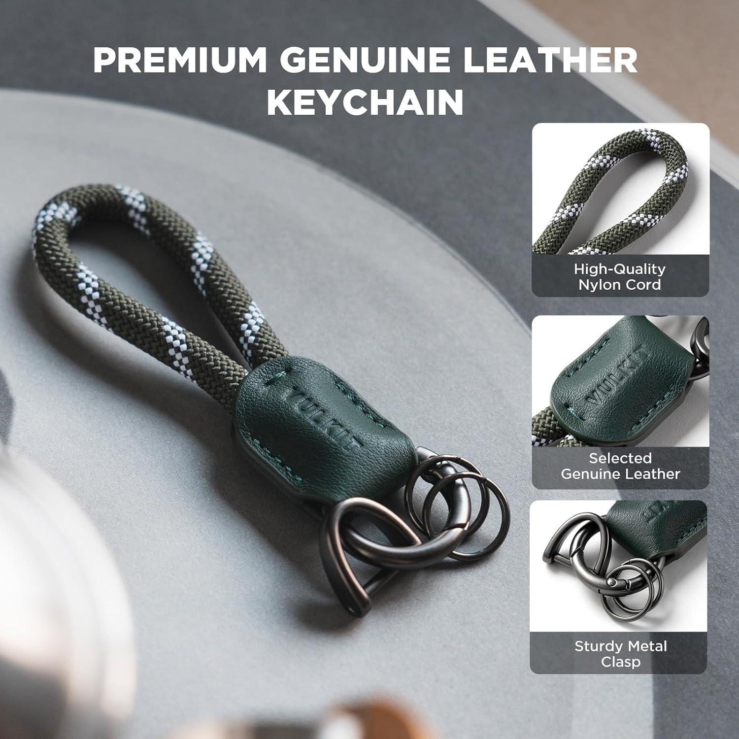 image:imageVULKIT Genuine Leather Keychain Car Key Chain Lanyard Keyring Personalised Braided for Men amp WomenOlive Green