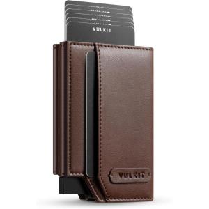 VULKIT Leather Smart Wallet for Men RFID Blocking with Pop-Up Credit Card Ejector Case, ID Window, Cash/Bills Compartment and Coin Pocket, Giftbox Packed, Coffee Brown(Coffee Brown)