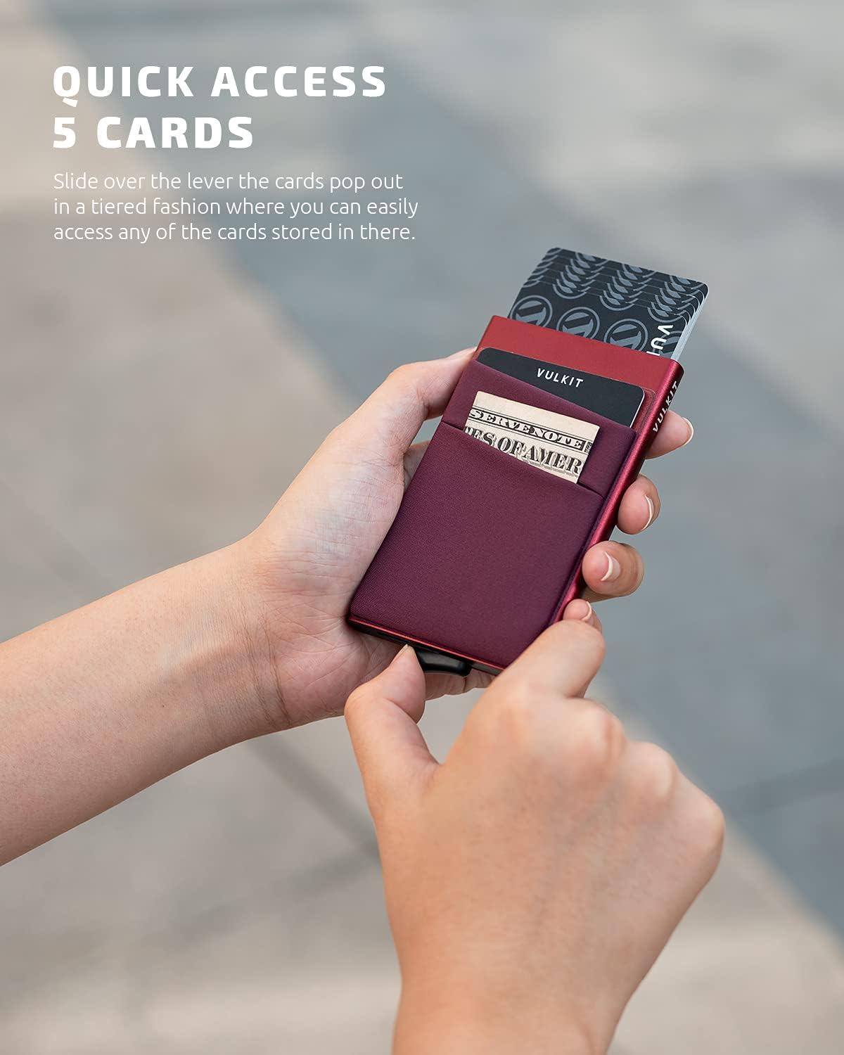 image:imageVULKIT Card Holder with Money Pocket Pop Up Wallet RFID Blocking Slim Metal Bank Card Case Holds 5 Cards and NotesWine