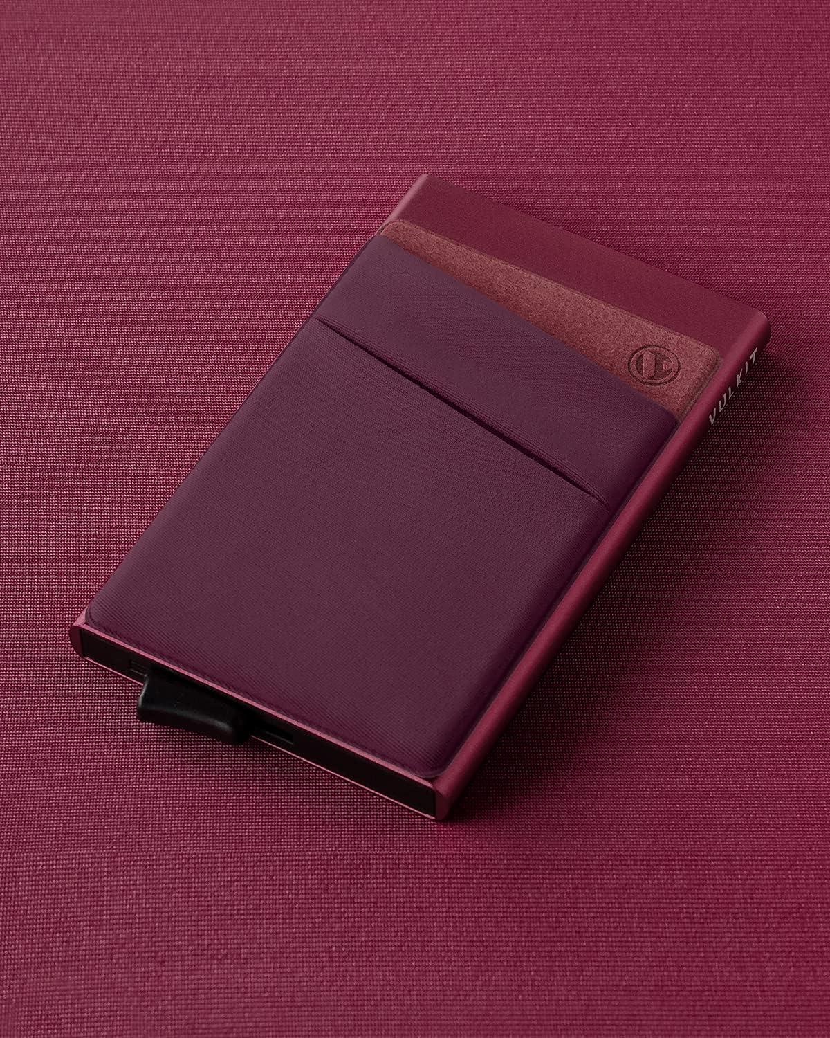 image:imageVULKIT Card Holder with Money Pocket Pop Up Wallet RFID Blocking Slim Metal Bank Card Case Holds 5 Cards and NotesWine