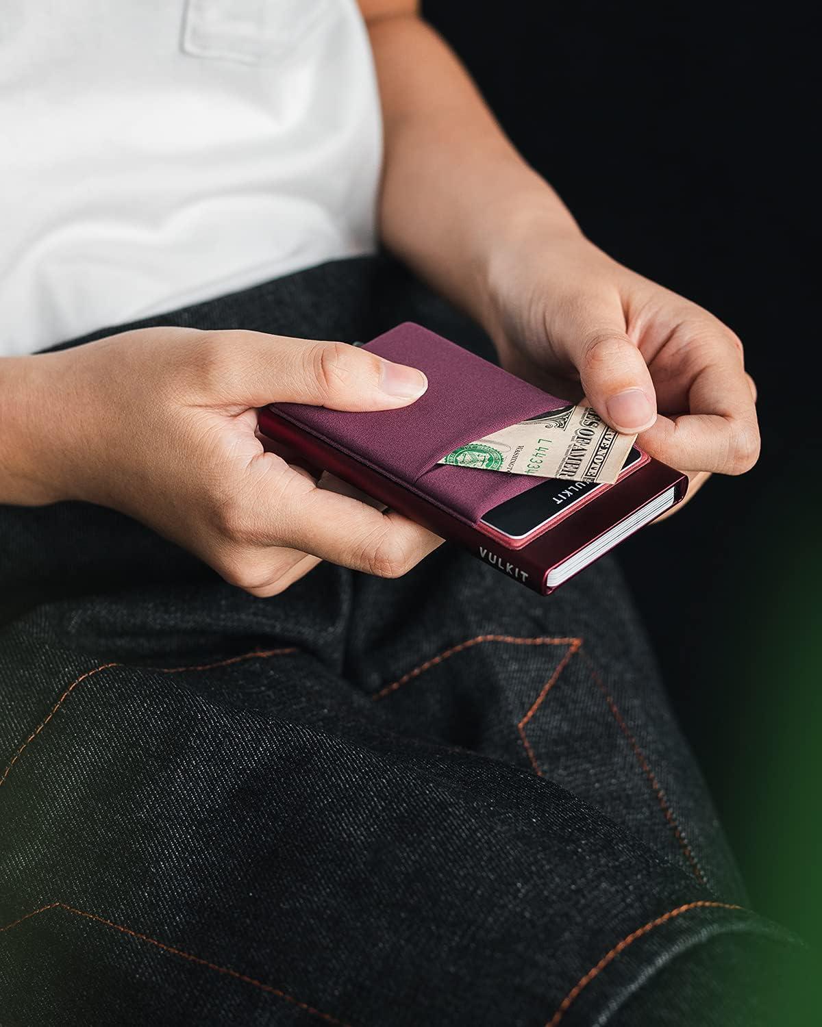 image:imageVULKIT Card Holder with Money Pocket Pop Up Wallet RFID Blocking Slim Metal Bank Card Case Holds 5 Cards and NotesWine