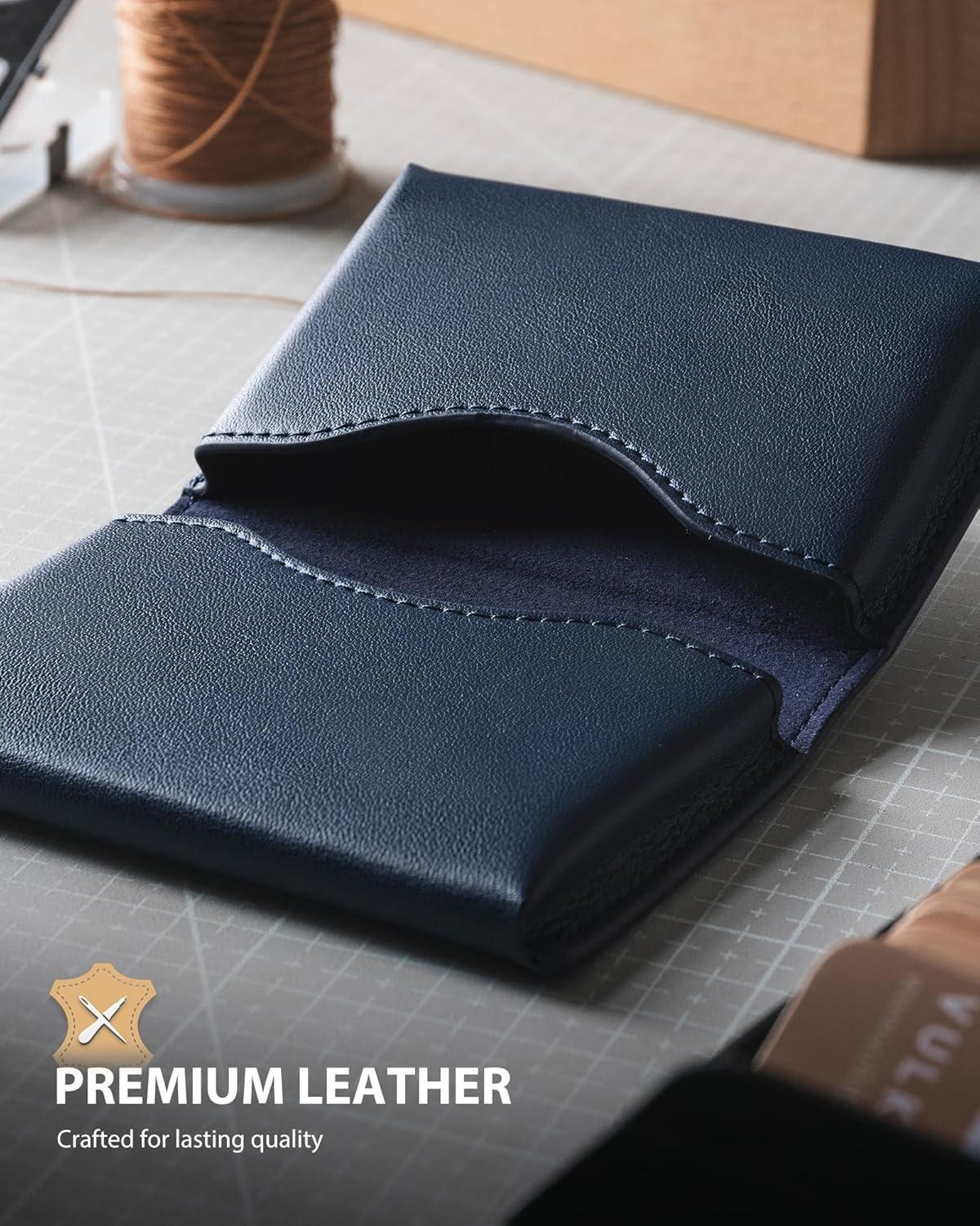 image:imageVULKIT Leather Business Card Holder RFID Blocking Magnetic Closure 2 Big Slots Holds up to 40 Cards Giftbox Packed BrownBlue