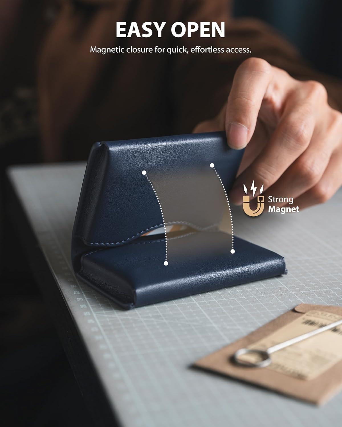 image:imageVULKIT Leather Business Card Holder RFID Blocking Magnetic Closure 2 Big Slots Holds up to 40 Cards Giftbox Packed BrownBlue