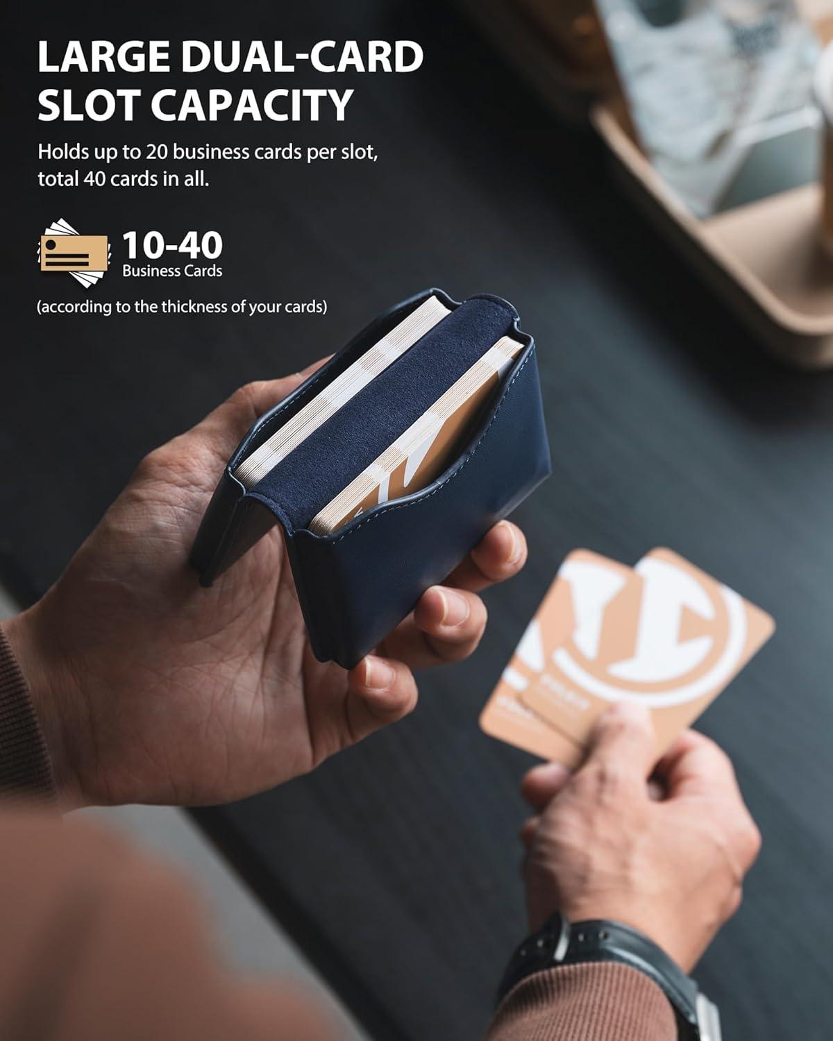 image:imageVULKIT Leather Business Card Holder RFID Blocking Magnetic Closure 2 Big Slots Holds up to 40 Cards Giftbox Packed BrownBlue