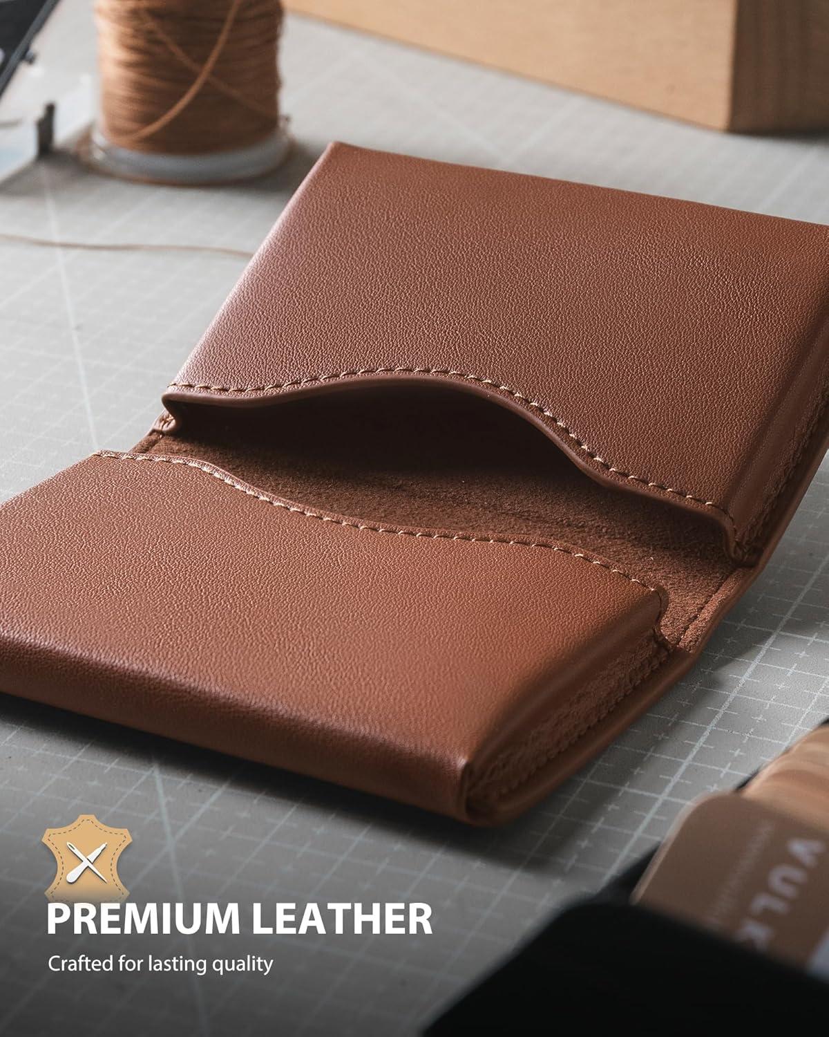 image:imageVULKIT Leather Business Card Holder RFID Blocking Magnetic Closure 2 Big Slots Holds up to 40 Cards Giftbox Packed BrownBrown