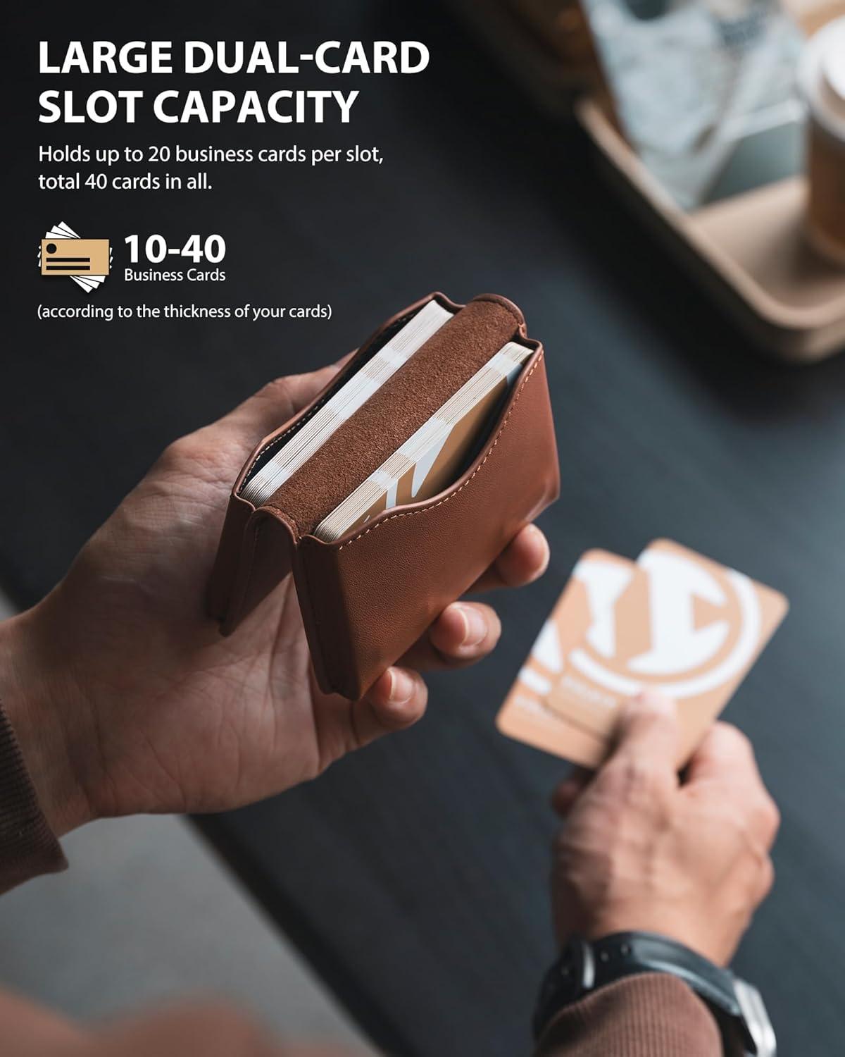 image:imageVULKIT Leather Business Card Holder RFID Blocking Magnetic Closure 2 Big Slots Holds up to 40 Cards Giftbox Packed BrownBrown