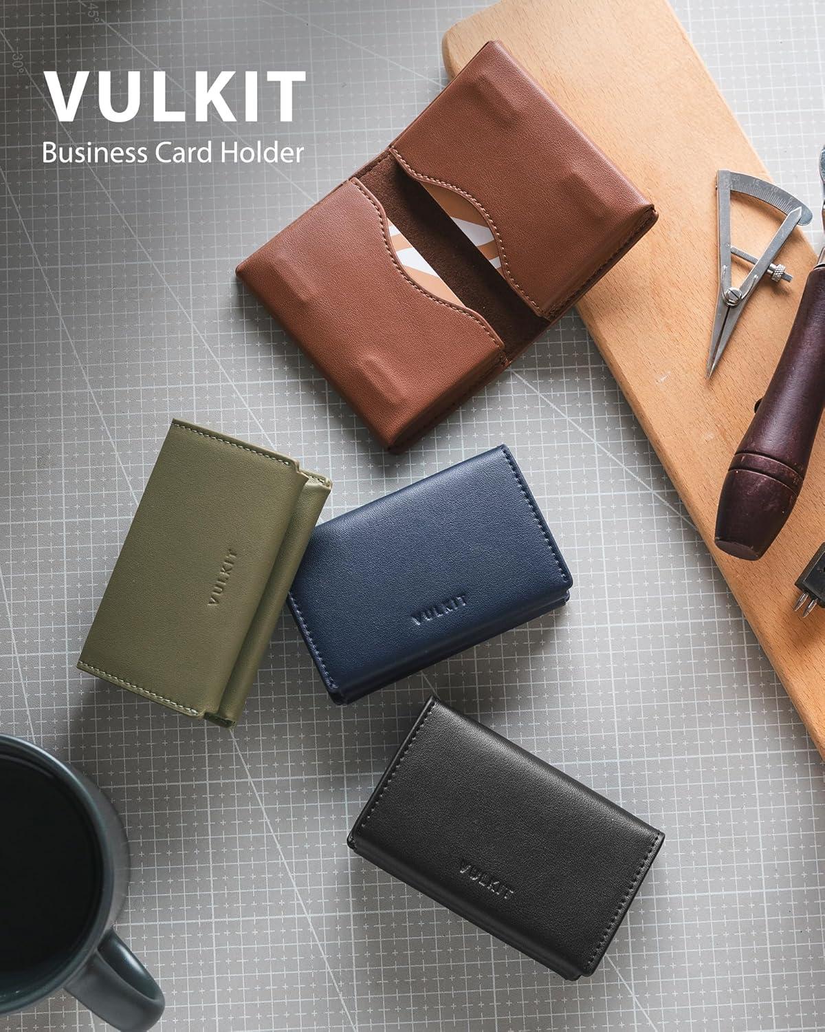 image:imageVULKIT Leather Business Card Holder RFID Blocking Magnetic Closure 2 Big Slots Holds up to 40 Cards Giftbox Packed BrownBrown